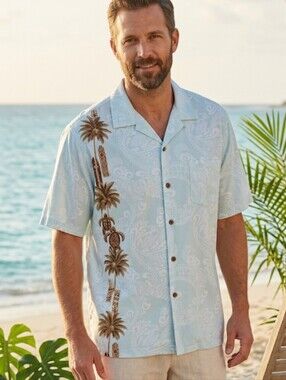 Casual Pale Blue Paisley Camp Shirt with Brown Palm Stripe - Croft & Barrow